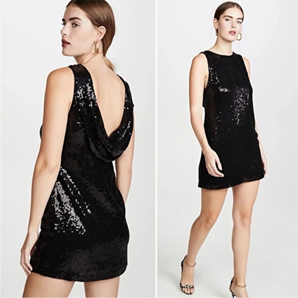 Alice + Olivia Bateau Neck Sequin Mini Dress Black Cowl Back Size 10